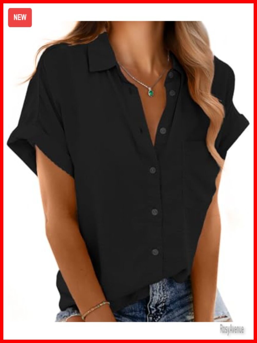 Women's Button Down Short Sleeve V Neck Roll Up Collared Blouse with Pockets